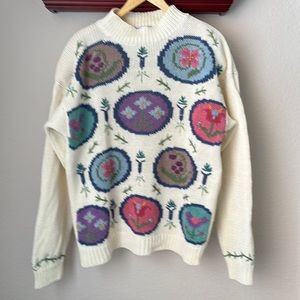 Vintage Northern Isles Hand Embroidered Sweater White/Blue/Pink/Purple Size M